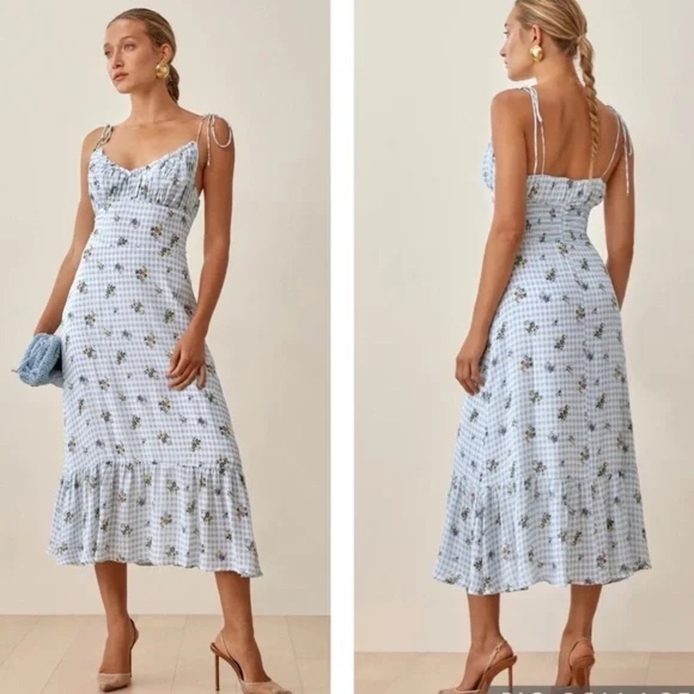 Reformation - Blue & White Check MIDI Dress - Size 8